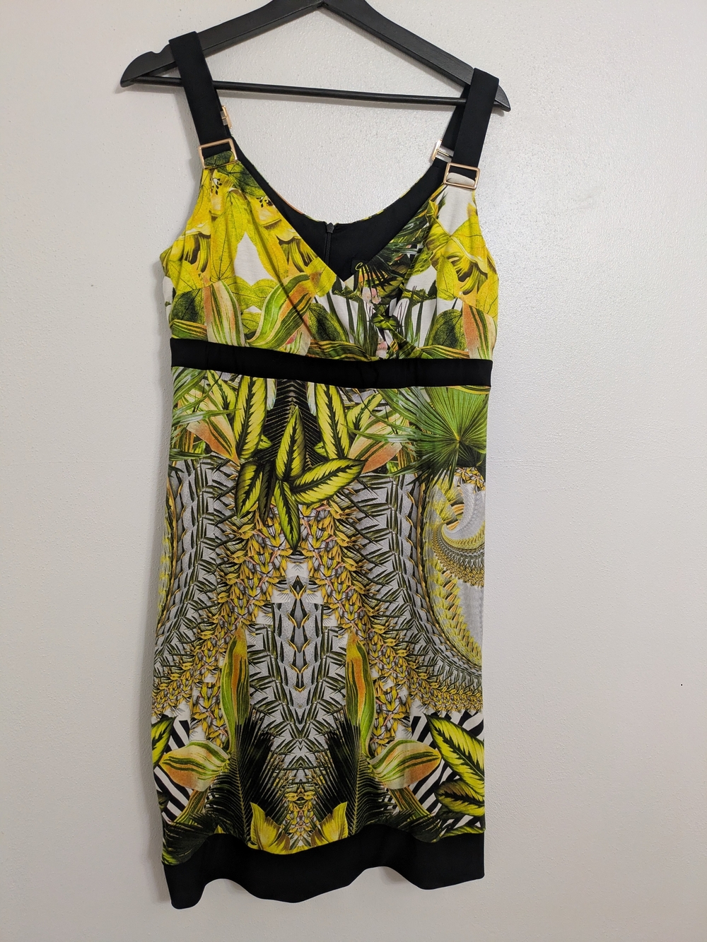 Tropical Print Mini Dress with Black Trim